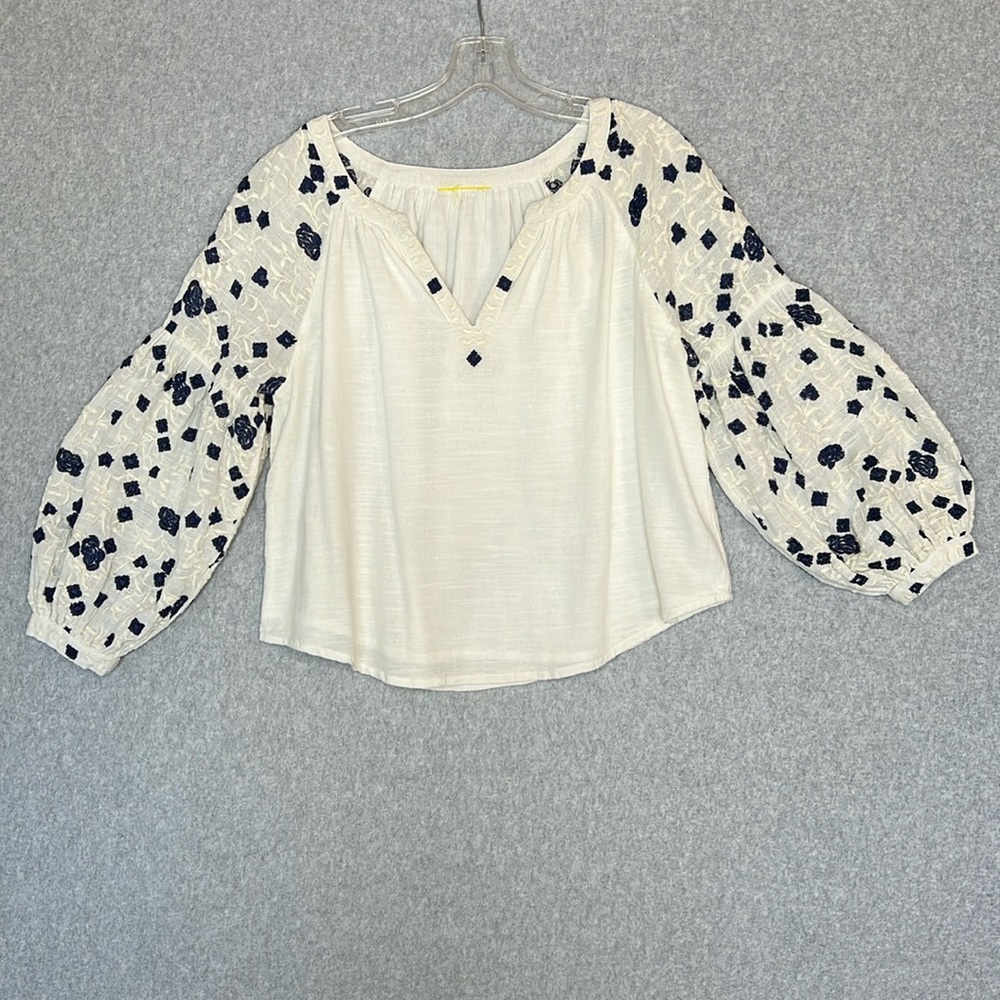 Roller Rabbit Womens Cotton White & Blue Embroidered Long Sleeve Top Size Medium